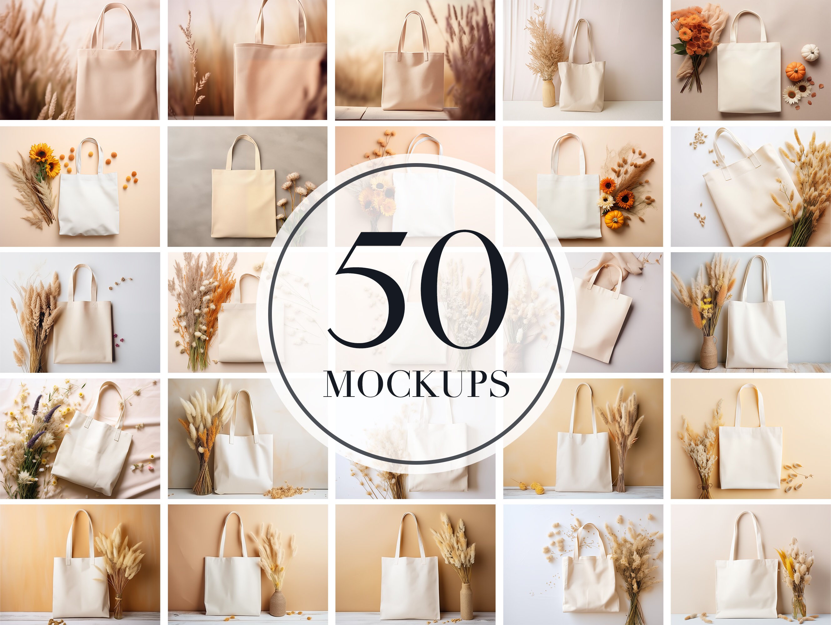 50 Boho Theme Natural Cotton Tote Bag Mockup Bundle, Sand Canvas Tote Bag Mockups, an Printify Totes Mock-up, Economical Tote Bag Mock