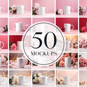 50 Valentine&#39;s day white mug mockup bundle, 11oz coffe cup template mock up, Valentine day cup mockup bundle, Couples mug mockup