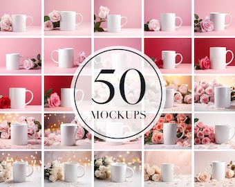 50 Valentine&#39;s day white mug mockup bundle, 11oz coffe cup template mock up, Valentine day cup mockup bundle, Couples mug mockup