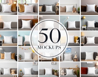 50 Pillow Mockup Bundle, Cushion Mockups Stock photo, Blank Throw Pillow Mockup, Cushion Mock Up Digital Download, White Pillow Mockup PNG