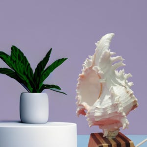 May include: A white seashell lamp with a wooden base. The seashell is large and has a pink hue. The base is made of wood with dark brown stripes.