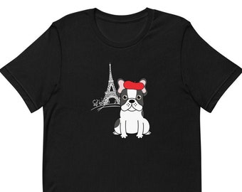 Francés Bulldog Amante Camiseta / Frenchie Lover Regalo / Francia / Torre Eiffel / Perro que lleva Boina / Camiseta Unisex de Manga Corta para Hombres