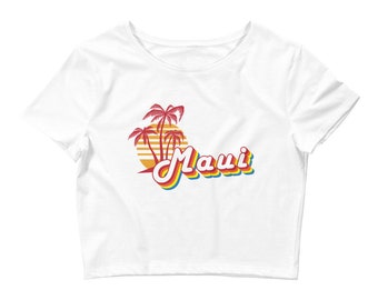 Maui Crop Top con palmeras y puesta de sol / Hawaiian Islands Gift / Beach Vibe / Camiseta de cultivo para mujer