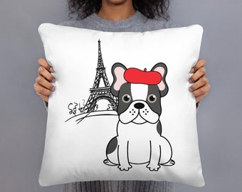 French Bulldog Lover Throw Pillow | Eiffel Tower Couch Pillow | French Decor | Dog Lover Accessory | Basic Pillow