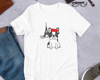 Francés Bulldog Amante Camiseta / Francia / Torre Eiffel / Regalo de amante de la francesa / Perro que lleva baret / camiseta unisex de manga corta para hombres de mujer