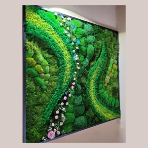 Preserved Moss Wall Art with Flowers – Natural Botanical Decor – Handmade Moss Frame – Greenery Wall Hanging – Eco Nature Art