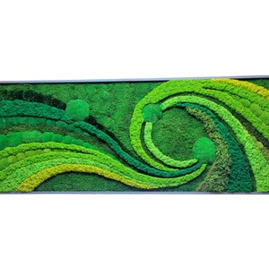 May include: A green moss wall art piece in a rectangular frame. The moss is arranged in a swirling pattern with different shades of green.