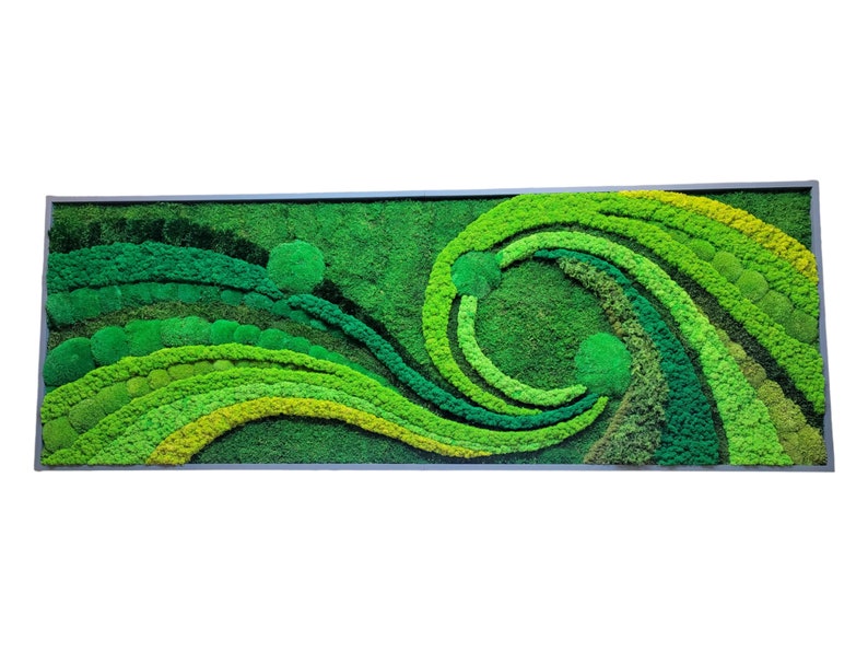 May include: A green moss wall art piece in a rectangular frame. The moss is arranged in a swirling pattern with different shades of green.