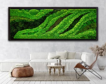 Wanddecoratie van geconserveerd mos, ingelijst mospaneel, grote natuurlijke wanddecoratie, handgemaakt cadeau voor thuis en op kantoor