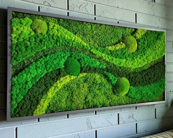 Groot wanddecoratie van mos, ingelijst met golvend groen geconserveerd mos.