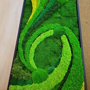 May include: A framed moss wall art piece with a green and yellow color scheme. The moss is arranged in a swirling pattern, creating a unique and modern design.