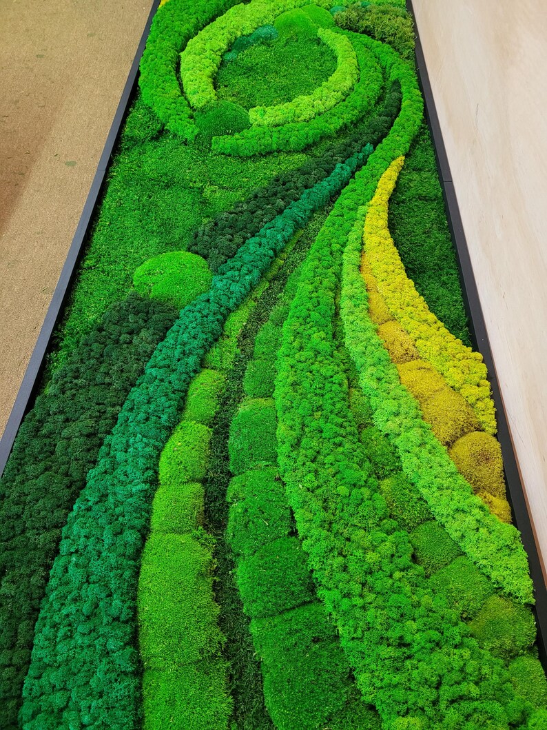 May include: A green moss wall art piece with a swirling design. The moss is arranged in different shades of green and yellow, creating a textured and organic look.