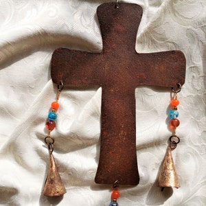 Small Rusted Cross Windchime - Recycled Metal with Glass Lampwork Beads and 3 Bells