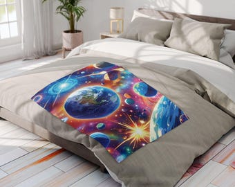 Coperta in pile Cosmic Adventure - Coperta accogliente a tema spaziale per amanti delle stelle, dell'astrofisica, decorazioni galattiche, regalo per gli appassionati dello spazio