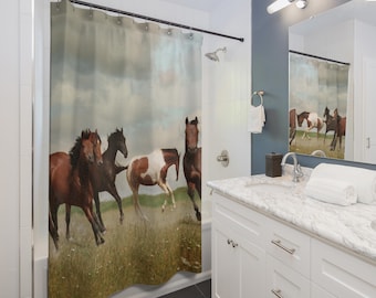 Tenda da doccia con cavalli, tenda da doccia con cavalli selvaggi che corrono liberi sul prato / decorazione per cavalli, bagno equestre