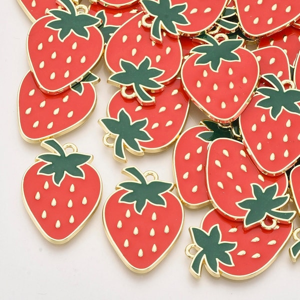 Large Enamel Strawberry Charm | Strawberry Charms | Fruit Charms | Bulk Charms | Set of 5 Charms | Set of 10 Charms | Set of 20 Charms