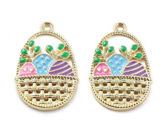 May include: Two gold-tone metal charms shaped like Easter baskets with a woven pattern. Each charm features three colorful Easter eggs with green leaves.