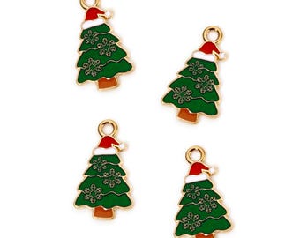 Gold-Plated Enamel Christmas Tree with Santa Hat Charm | Christmas Charms | Holiday Charms