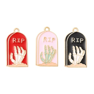 Gold Enamel Tombstone with Skeleton Hand Charm | Halloween Charms | Holiday Charms