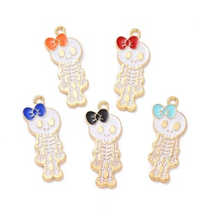 Enamel Skeleton with Bow Charm | Halloween Charms | Skeleton Charms | 5 Charms | 10 Charms | 20 Charms