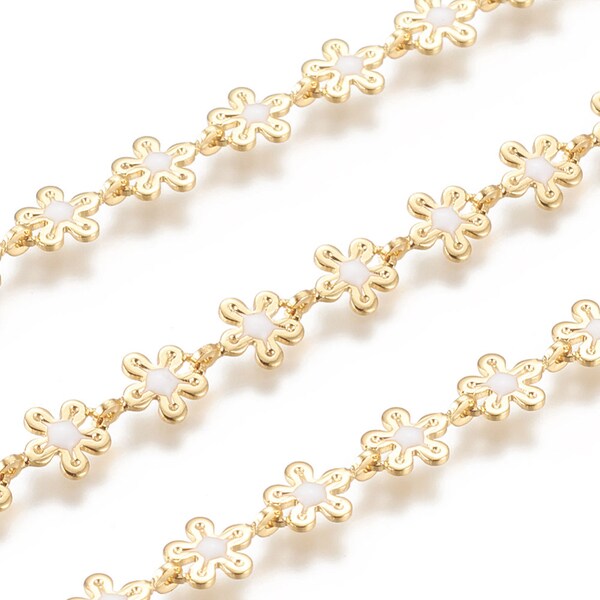 18K Gold-Plated White Enamel Flower Chain | Flower Chain | Enamel Chain | Chain for Jewelry Making | One Meter of Chain