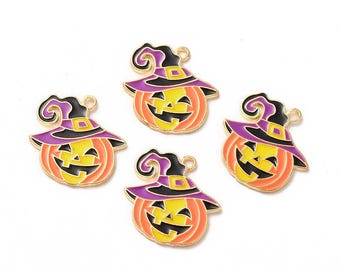 Gold Enamel Jack-O-Lantern wearing Witch Hat Charm | Halloween Charms | Holiday Charms