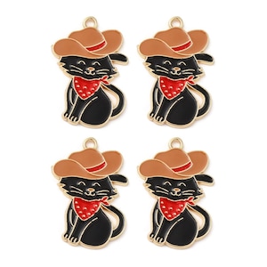 Gold-Plated Enamel Cat Wearing Cowboy Hat Charm | Western Charms | Animal Charms | 5 Charms | 10 Charms | 20 Charms