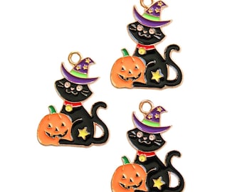 Gold Enamel Black Cat with Jack-O-Lantern Charm | Halloween Charms | Holiday Charms