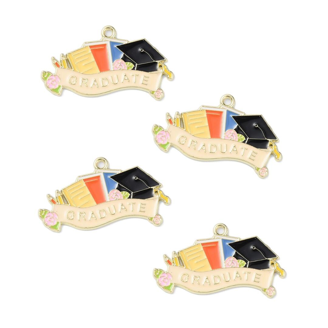 Gold Enamel Graduate With Cap and Papers Charm | Graduation Charms - Etsy
