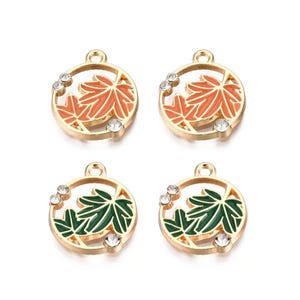Gold Round Enamel Maple Leaves with Rhinestones Charm | Autumn Charms | Fall Charms | 5 Charms | 10 Charms | 20 Charms
