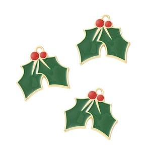 Gold Enamel Christmas Holly Charm | Christmas Charms | Holly Charms | 5 Charms | 10 Charms | 20 Charms