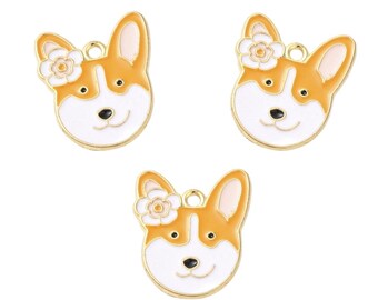 Gold Enamel Corgi with Flower Charm | Animal Charms | Pet Charms | Dog Charms