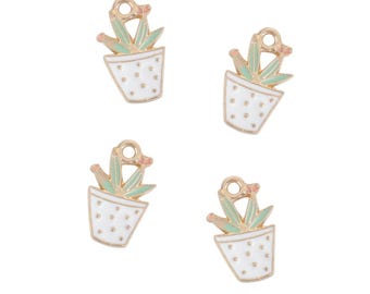 Gold-Plated Enamel Succulent in White Pot Charm | Succulent Charms | 5 Charms | 10 Charms | 20 Charms