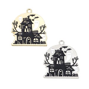 Large Enamel Haunted House with Ghosts Pendants | Halloween Pendants | 5 Pendants | 10 Pendants