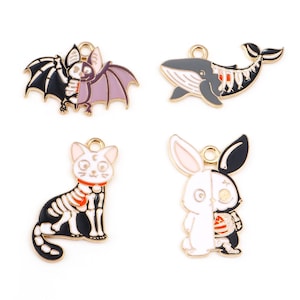 Gold-Plated Enamel Skeleton Animal Charms | Halloween Charms | 5 Charms | 10 Charms | 20 Charms