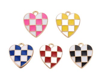 Gold Emaille karierter Herz Anhänger | Valentinstag Charms | Herz Charms | 5 Anhänger | 10 Anhänger | 20 Anhänger