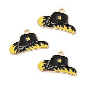 Gold-Plated Enamel Black and Yellow Cowboy Hat Charm | Western Charms | Cowboy Charms | 5 Charms | 10 Charms | 20 Charms