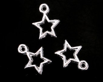 May include: Three silver star-shaped charms with a loop at the top for attaching to jewelry or other crafts.