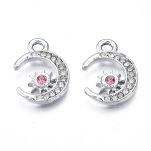 Crescent Moon with Pink and Clear Rhinestones Charm | Galaxy Charms | Celestial Charms | 5 Charms | 10 Charms | 20 Charms