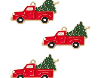 Camión rojo esmaltado en oro con dije de árbol de Navidad / Dijes navideños / 5 Dijes / 10 Dijes / 20 Dijes