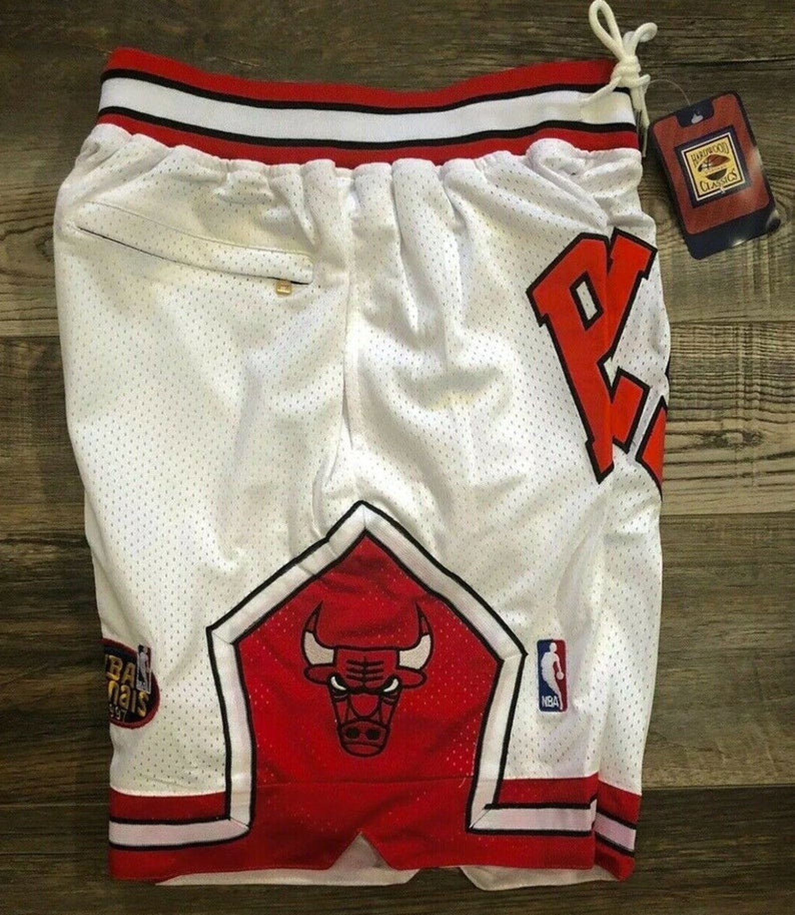 white and red bulls shorts