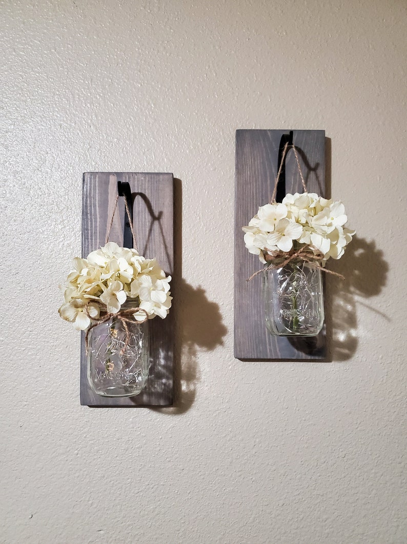 Set of 2 Mason Jar Wall Hanging Decor With Lights, Rustic Decor, Mason