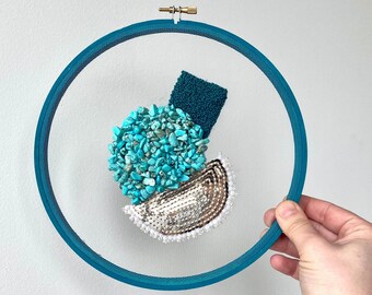 Modern gemstones gold blue hoop embroidery fiber art gift home decor sequins tulle precious handmade bead wall hanging