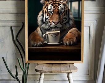 Tiger drinks coffee Poster