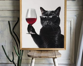 A cat with a glass of wine Poster