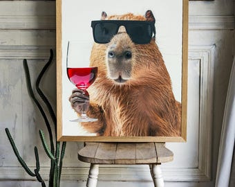 Capybara with a glass of wine Poster