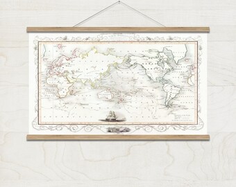 Vintage World map with ship | Poster | Wall Art | Home Decor |