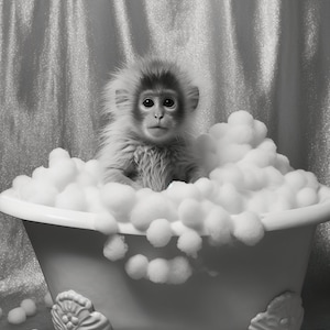 Puede incluir: Imagen en blanco y negro de un pequeño mono en una bañera con patas de león llena de burbujas blancas. El mono mira directamente a la cámara. El fondo es una tela brillante y texturizada.