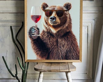 Bear with a glass of wine Poster