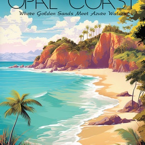 Op de afbeelding: Een vintage reisaffiche voor de Opaalkust in Hauts-de-France. De afbeelding toont een schilderachtig strand met goudkleurig zand, turquoise water en een rotsachtige klif. Palmbomen en weelderig groen omlijsten het uitzicht onder een blauwe lucht met wolken. Tekst: "Where Golden Sands Meet Azure Waters."